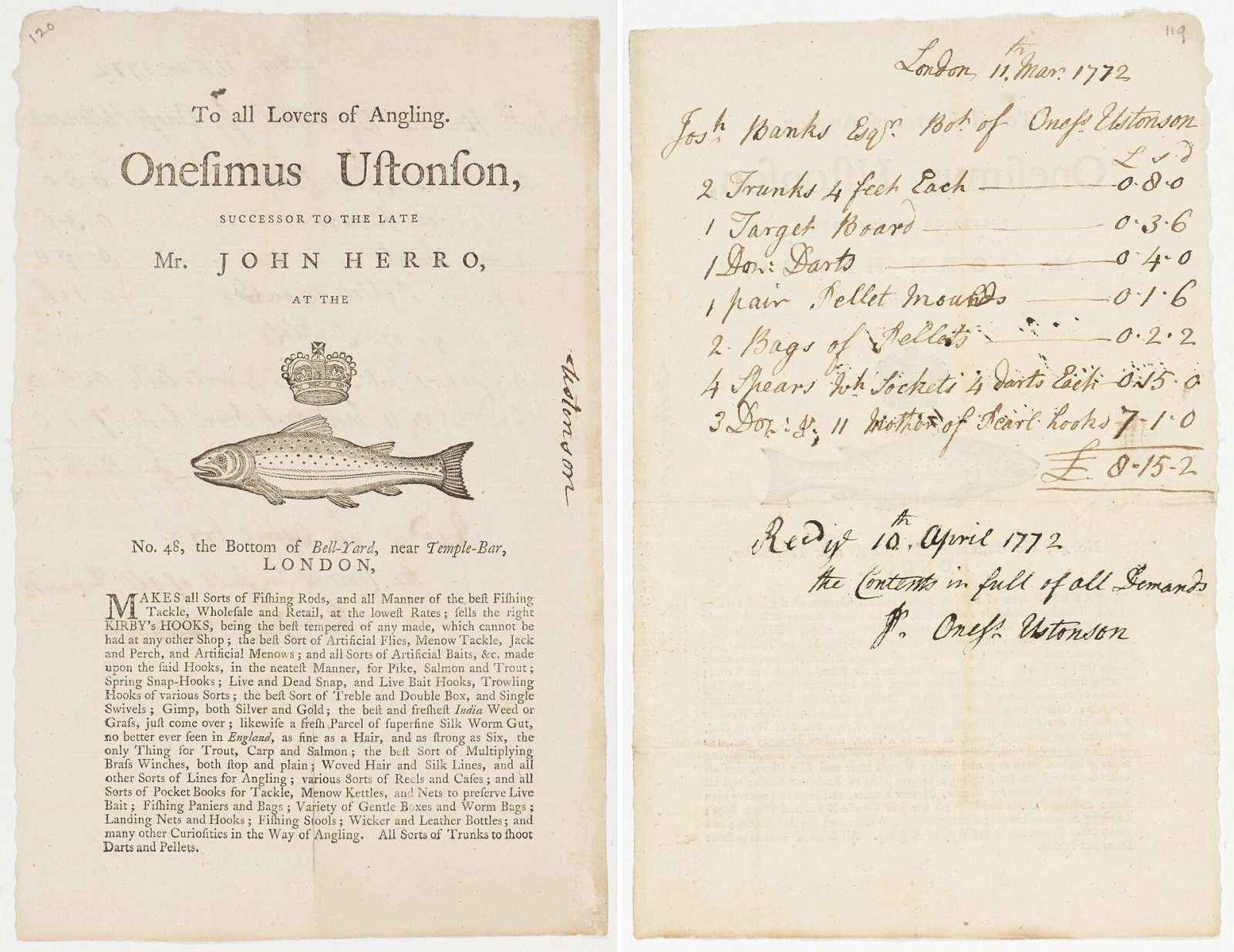 An 18th-century handwritten invoice and receipt dated 1772